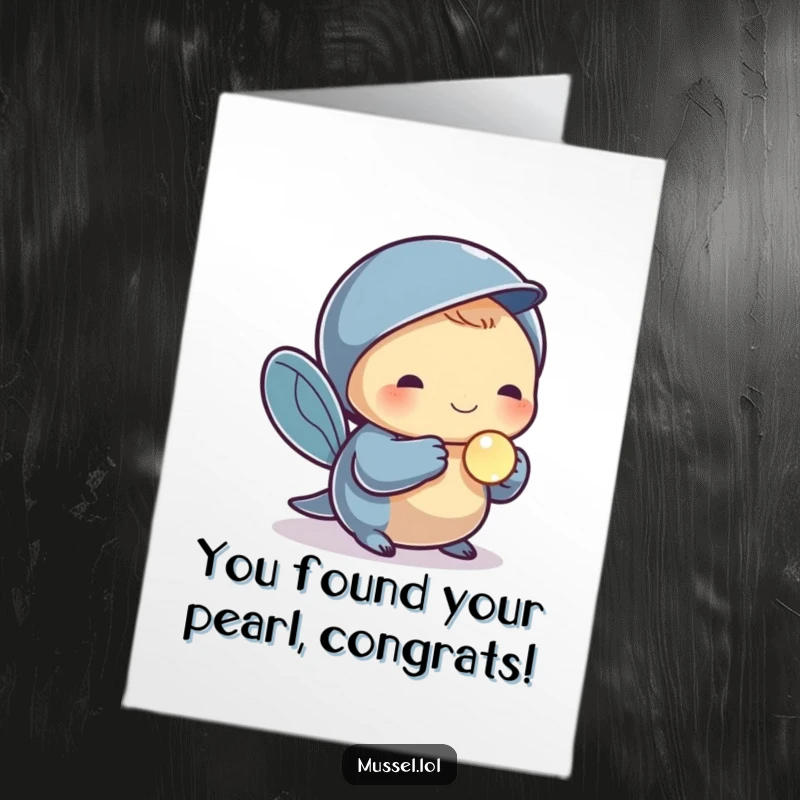 Funny Free Printable Congrats Card: A mussel character cherishes a small, shiny pearl, symbolizing a prized accomplishment.