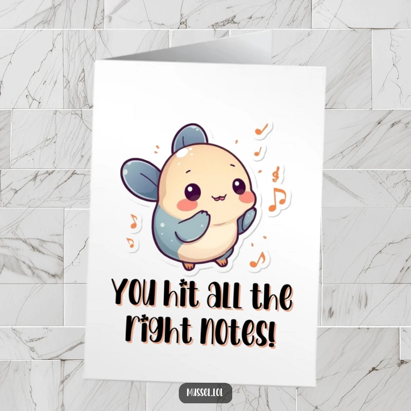 Funny Free Printable Congratulations Card: A mussel character with floating musical notes, celebrating a successful moment.