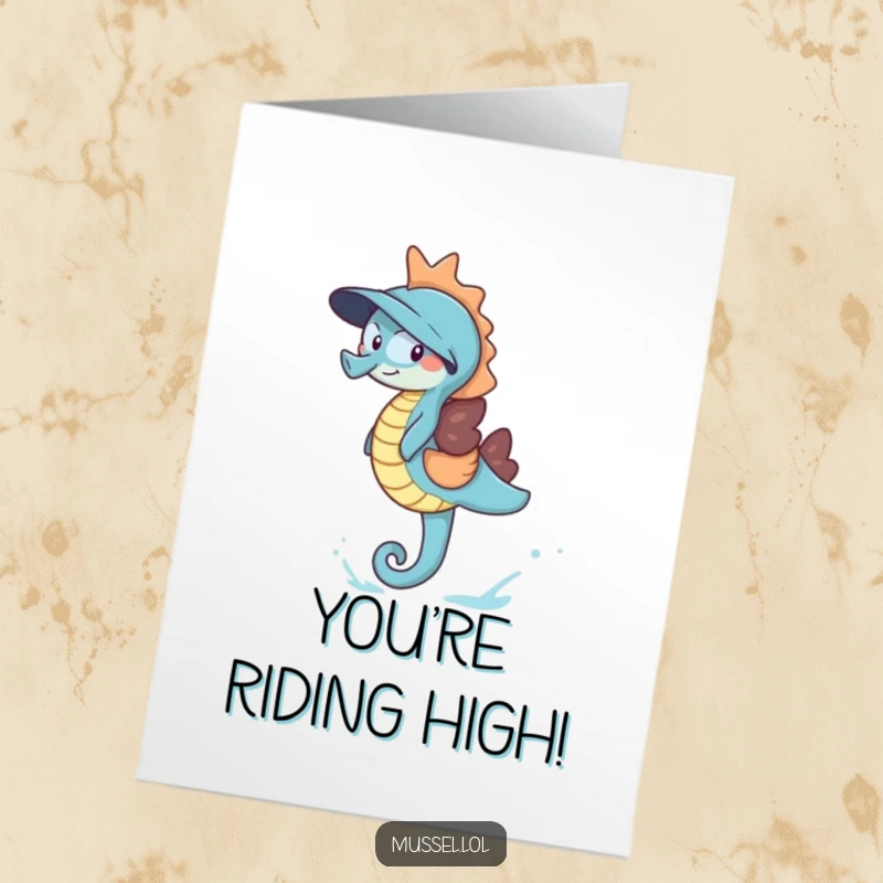 Funny Free Printable Congratulations Card: A mussel gleefully giggling as it enjoys a ride on a blue seahorse.