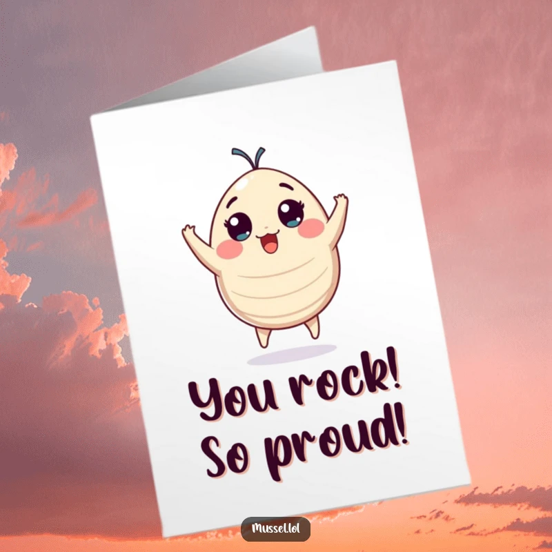 Free Printable Congratulations Card: A plump mussel character mid-air, eyes wide with pure, unadulterated excitement.