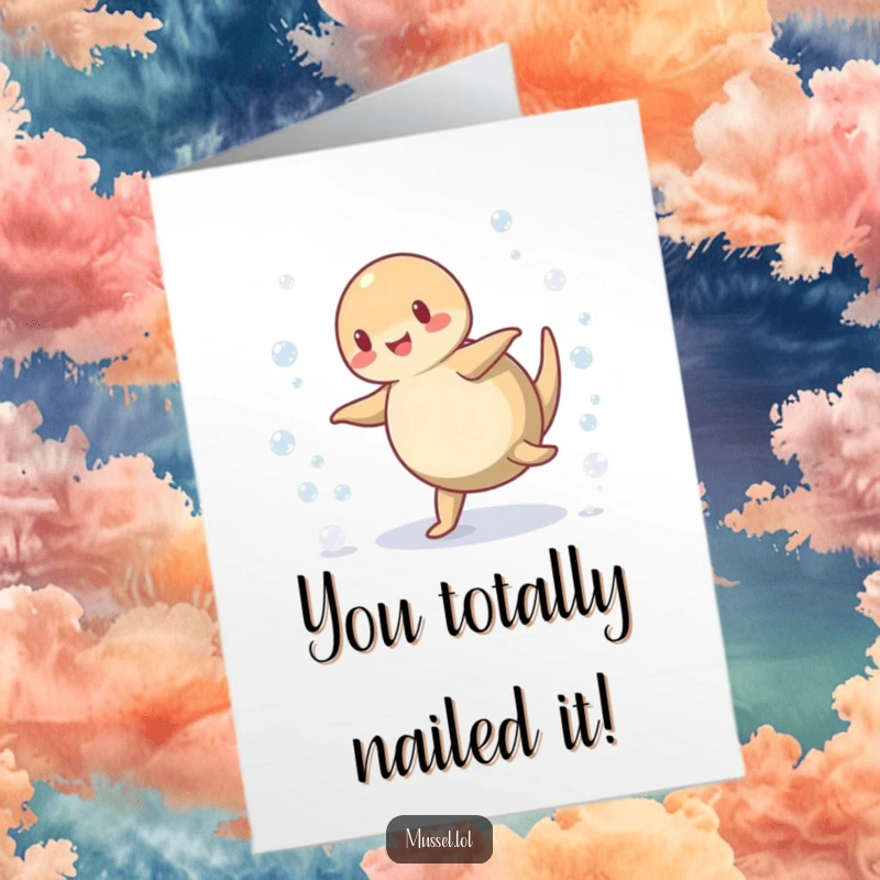 Funny Free Printable Congratulations Card: A jubilant mussel cartwheeling and scattering bubbles, a unique celebration.