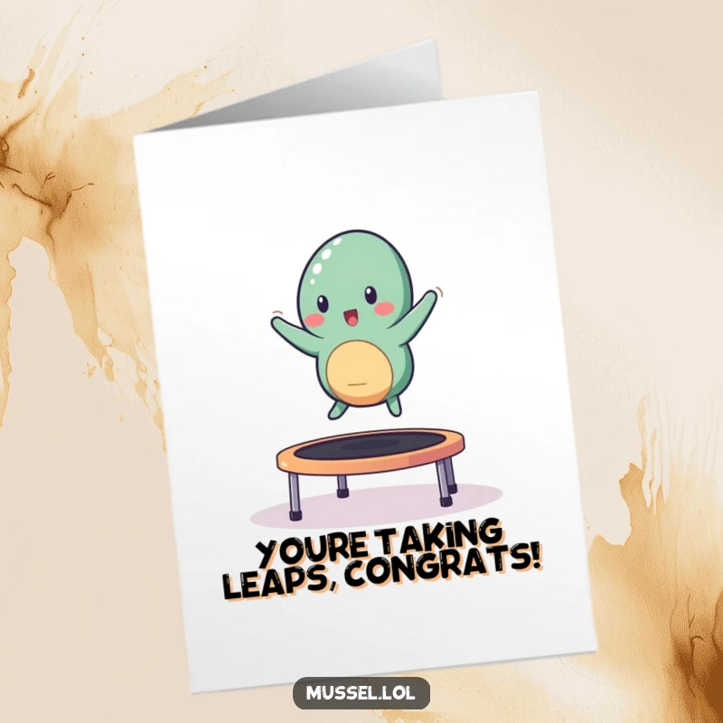 Funny Free Printable mussel character happily bouncing on a trampoline, perfect for a congratulations card.