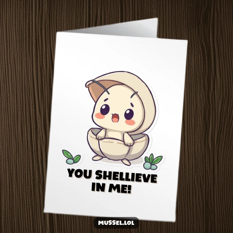 Funny Free Printable Thank You Card: Mussel character peeks out from its shell with wide, surprised eyes, offering a unique thank you.