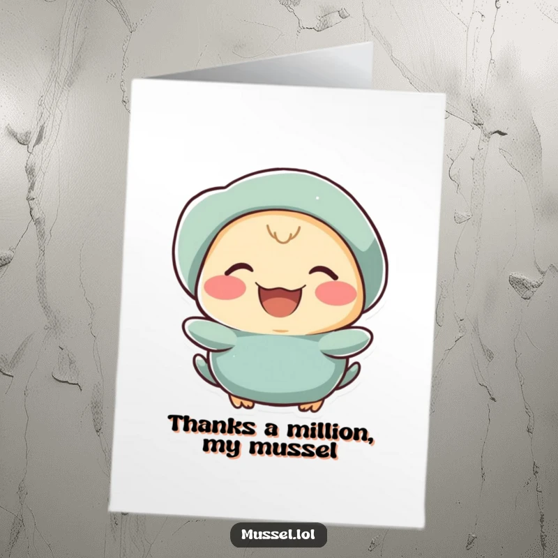 Funny Free Printable mussel character with rosy cheeks laughing heartily, a delightful thank you card.