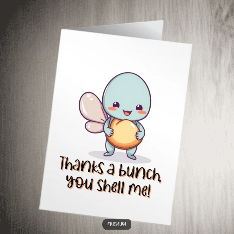 Funny Free Printable Thank You Card: A smiling mussel character offers a shell as a token of deep thanks.