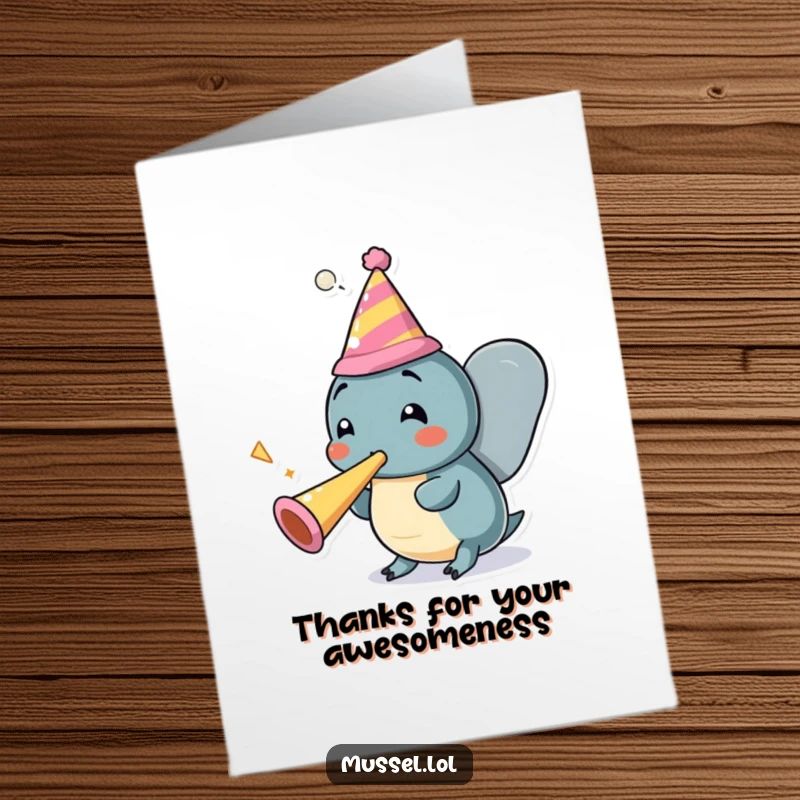 Funny Free Printable Thank You Card: Cheerful mussel character wearing a party hat and blowing a horn, cartoon.