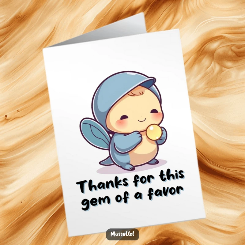 Funny Free Printable Thank You Card: A mussel character holds a small, shiny pearl, a symbol of deep thanks.