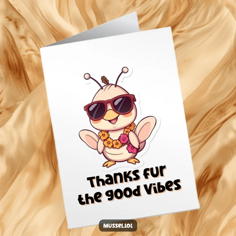 Funny Free Printable Thank You Card: A relaxed kawaii mussel in sunglasses and a lei, sending thanks with cool island vibes.