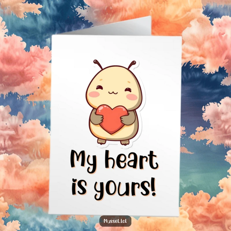 Funny Free Printable Thank You Card: Shy mussel character blushing profoundly holds a heart, offering sincere thanks with sweet affection.