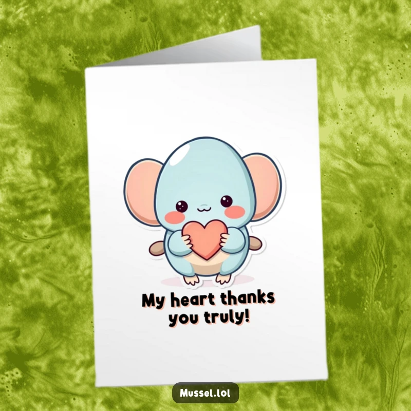 Funny Free Printable Thank You Card: A shy mussel character offers a small heart with a soft smile.