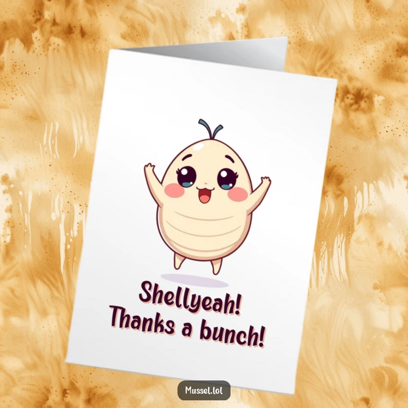 Funny Free Printable Thank You Card: A plump mussel character joyfully jumping, eyes wide with excitement, saying thanks.
