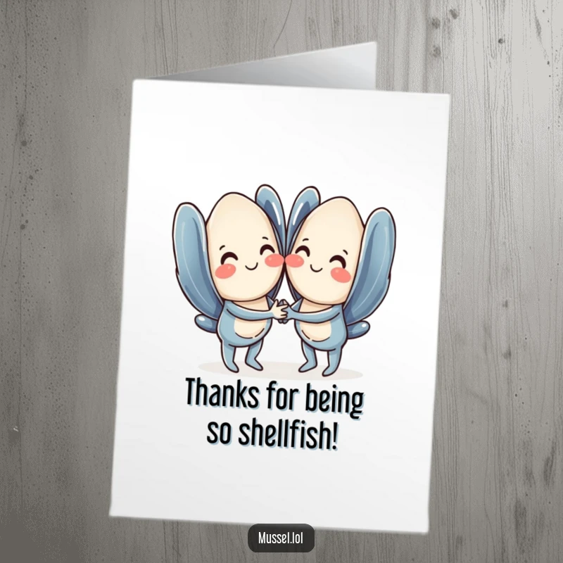Funny Free Printable Thank You Card: Two loving mussels holding hands to express heartfelt gratitude humorously.