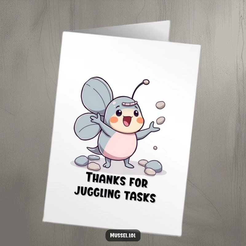 Free Printable Thank You Card: An enthusiastic mussel juggles pebbles, skillfully expressing thanks.