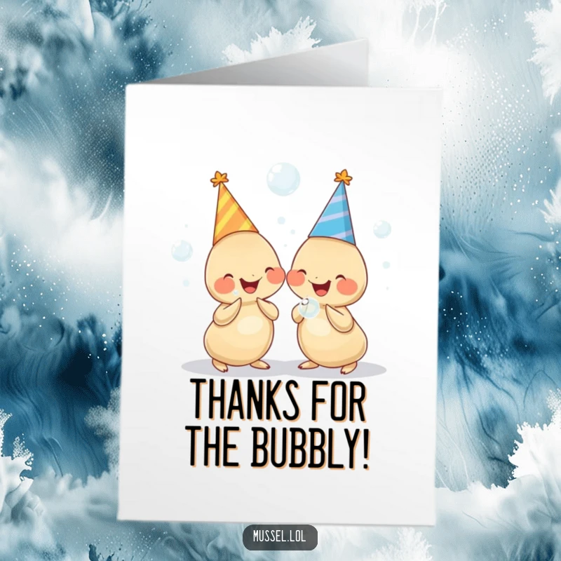 Funny Free Printable Thank You Card: Two chubby mussels in party hats, holding bubbles and giggling, showing thanks.
