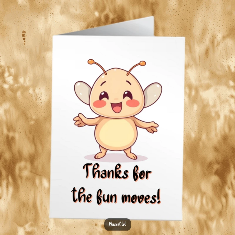 Funny Free Printable Thank You Card: A kawaii mussel doing a joyful wiggle dance, a perfect DIY gift.