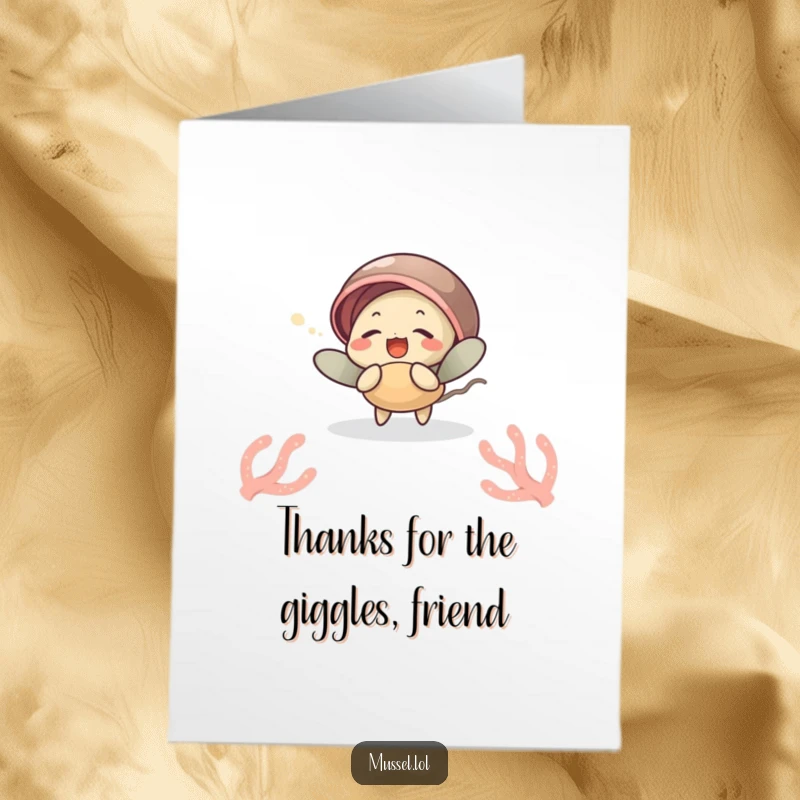 Funny Free Printable thank you card depicting a mussel giggling while a sea anemone tickles it, a humorous way to say thanks.