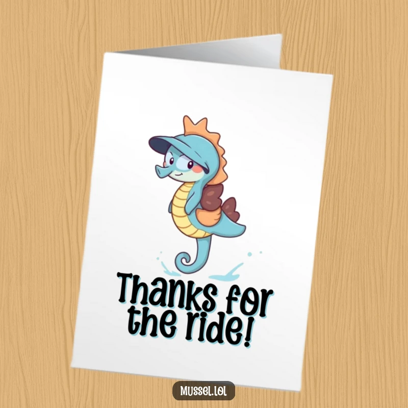 Funny Free Printable Thank You Card: A mussel laughing heartily while joyfully riding a charming blue seahorse.