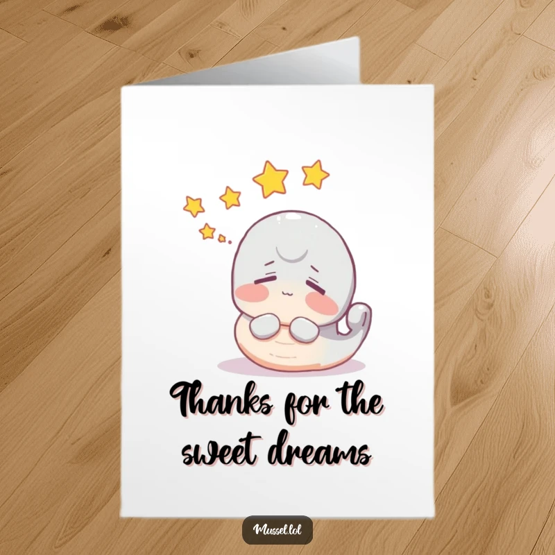 Funny Free Printable Thank You Card: A mussel character dreaming with stars, conveying gratitude in a whimsical way.