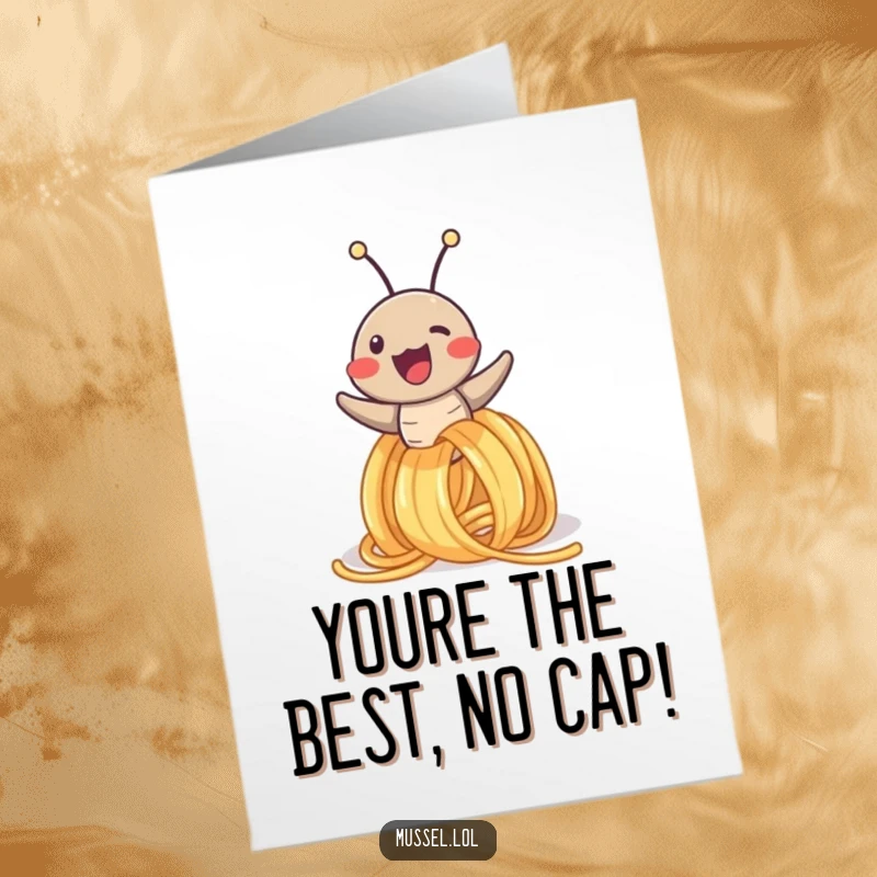 Funny Free Printable Thank You Card: Cheerful mussel character gracefully sliding down a spaghetti noodle, conveying heartfelt thanks.