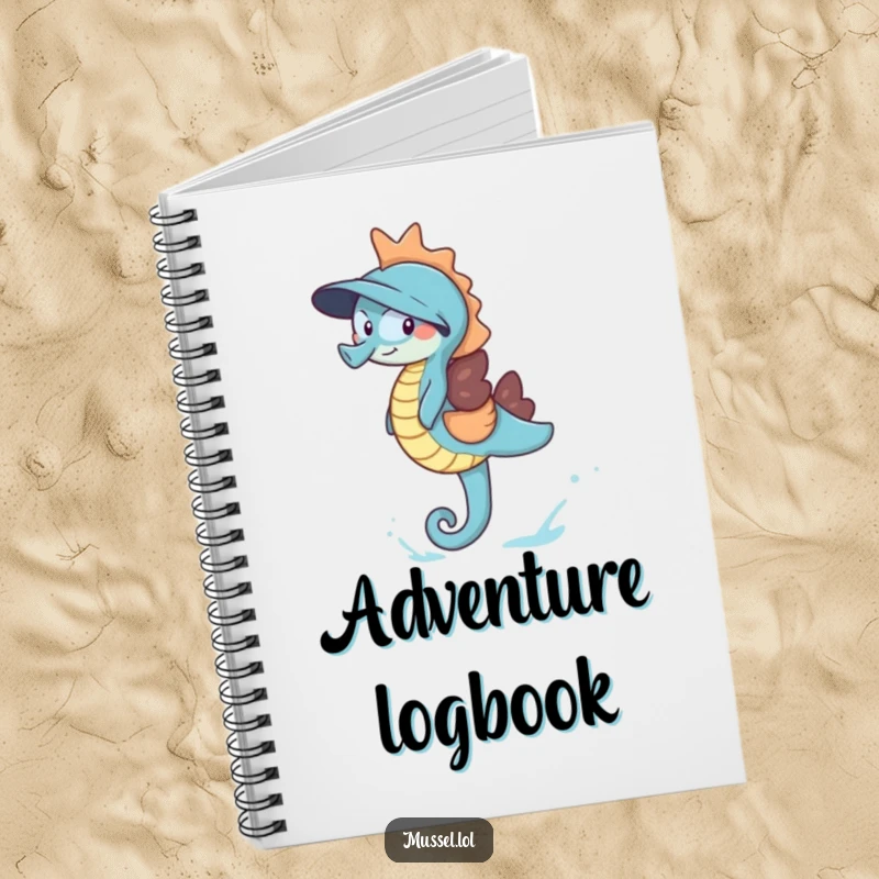 Funny Giggling Mussel Notebook featuring a mussel giggling gleefully while riding a blue seahorse, designed to inspire happy thoughts and creative writing.