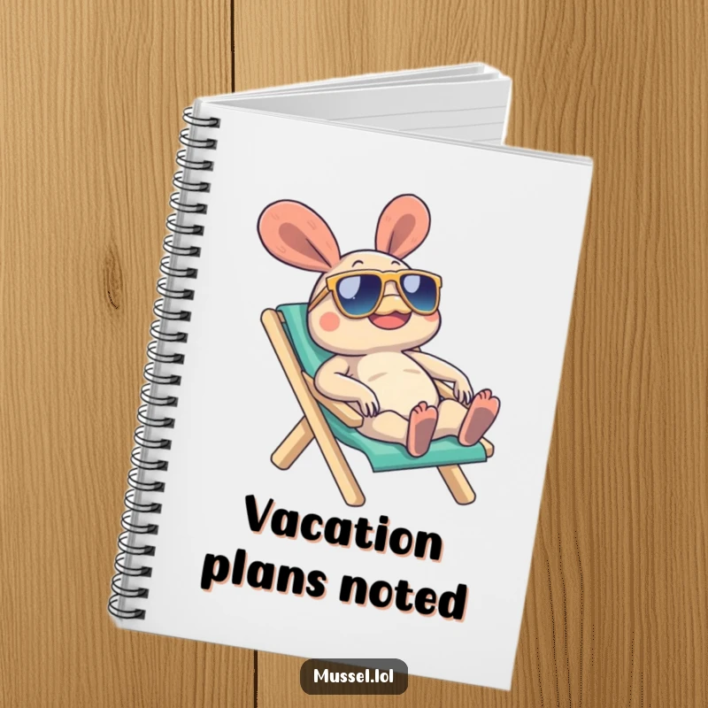 Funny Mussel Notebook with a mussel character in sunglasses relaxing on a beach chair, perfect for jotting down chill ideas, a perfect funny gift.