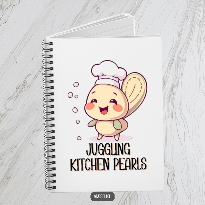Funny chef mussel in a hat, juggling pearls, on the cover of a notebook, ideal for planning and doodling.