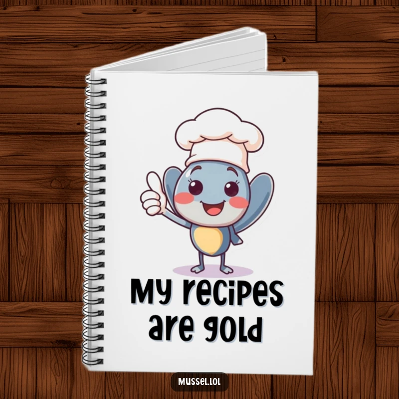 Funny smiling mussel character wearing a tiny chef hat, giving a confident thumbs up, a functional and humorous notebook.