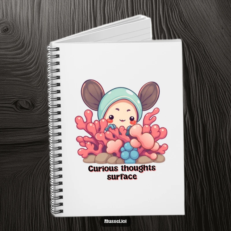 Funny Mussel Notebook: Features a curious mussel character peeking from behind bright coral, designed for note-taking with a playful and humorous vibe.