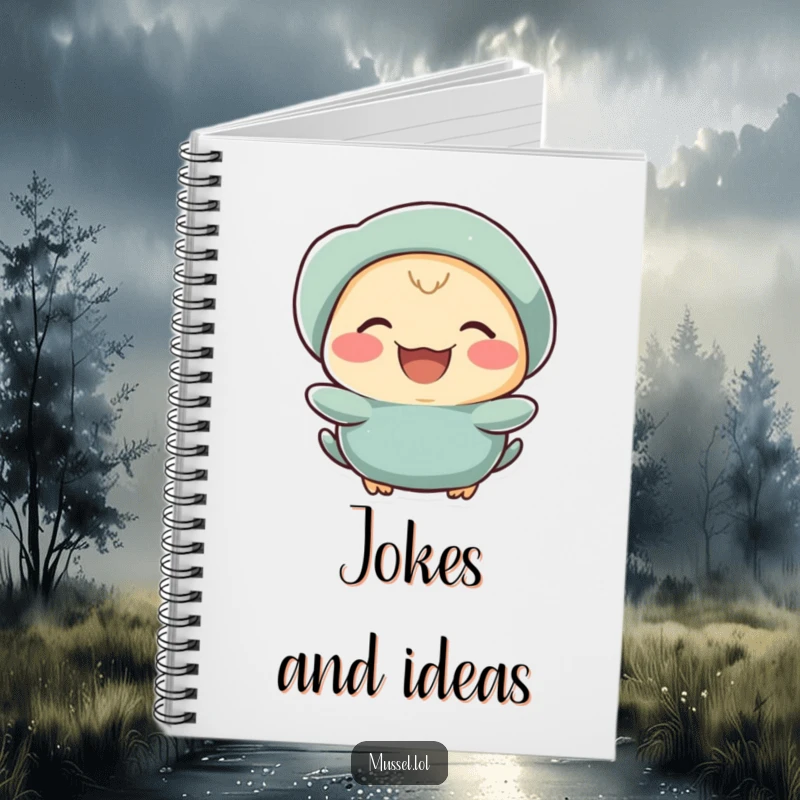 Funny mussel character laughing heartily on a notebook cover.