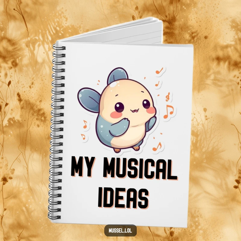 Funny mussel character with tiny musical notes floating around it, featured on a notebook for humorous note-taking.