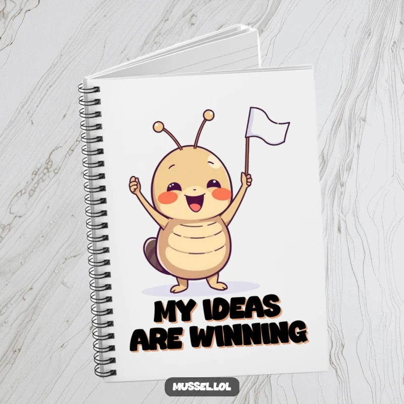 Funny joyful mussel character excitedly waving a tiny flag, a functional and humorous notebook.