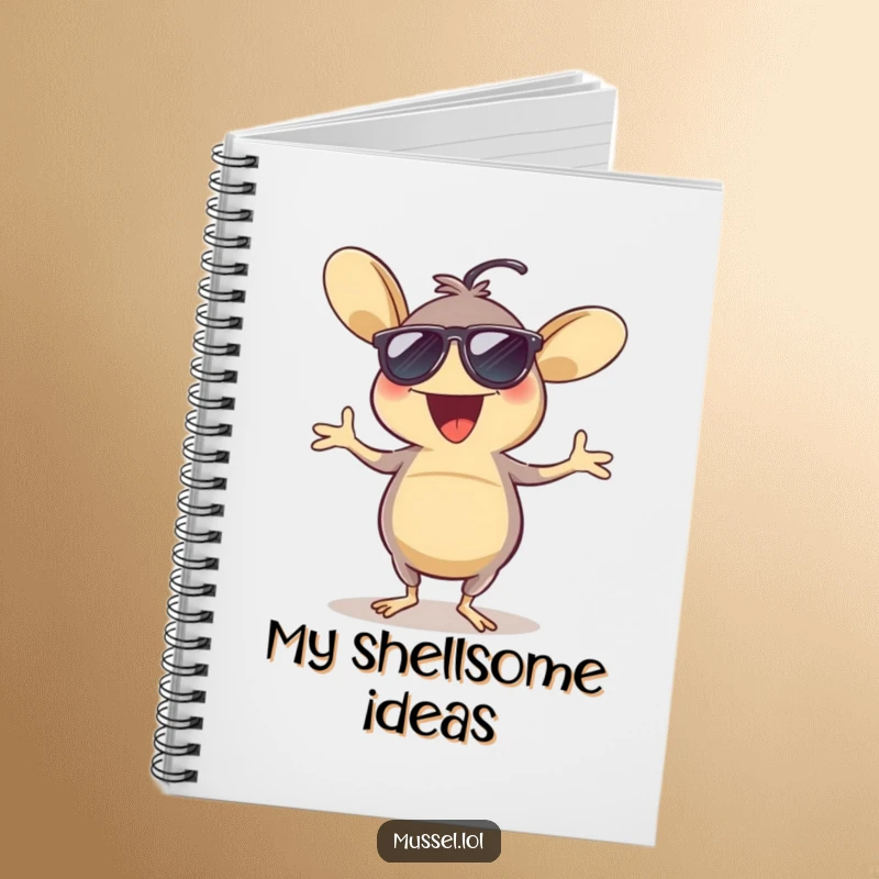 Funny notebook with an excited mussel in sunglasses dancing a jig, encouraging fun note-taking and creative journaling.
