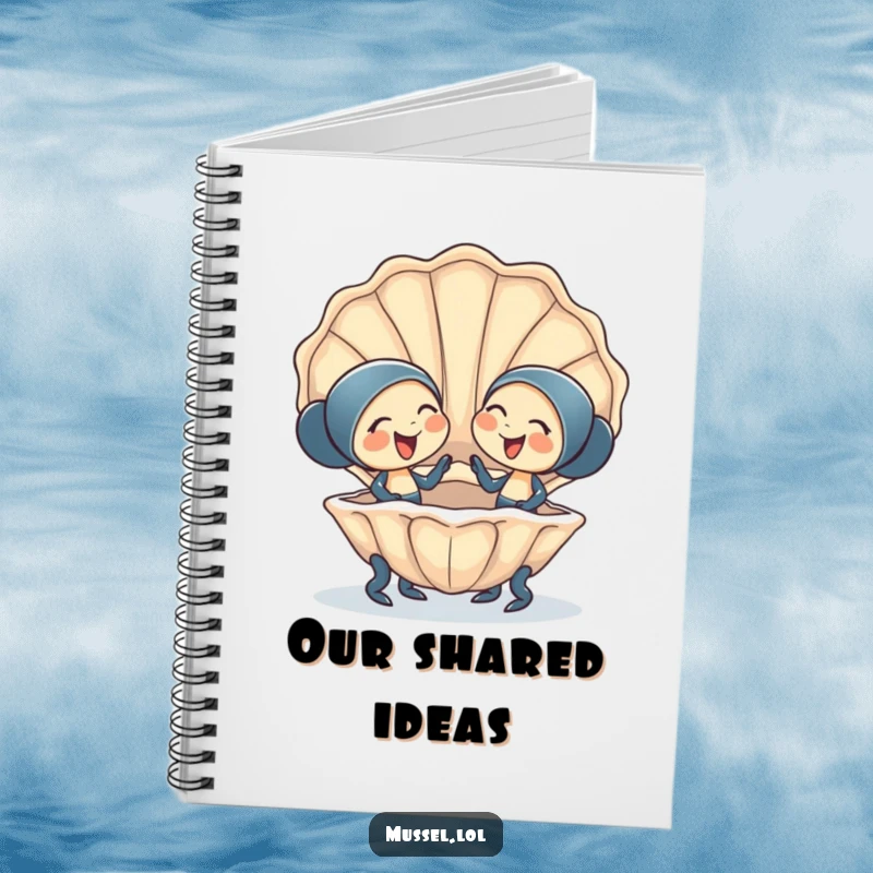 Funny Notebook: Two happy mussel characters giggling in a giant clam shell, perfect for journaling shared ideas and friendship.
