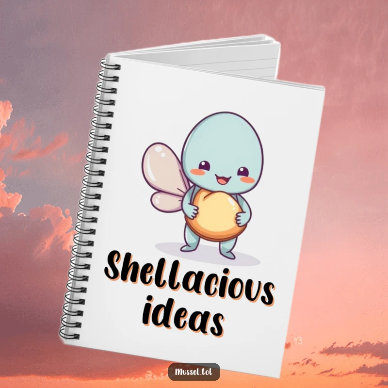 Funny Mussel Notebook with a cute mussel offering a shell, perfect for journaling and humorous note-taking gifts.