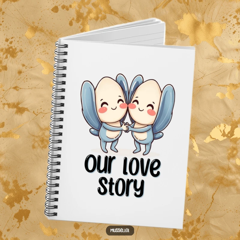 Funny mussel notebook featuring two sweet mussels holding hands and smiling, ideal for note-taking.