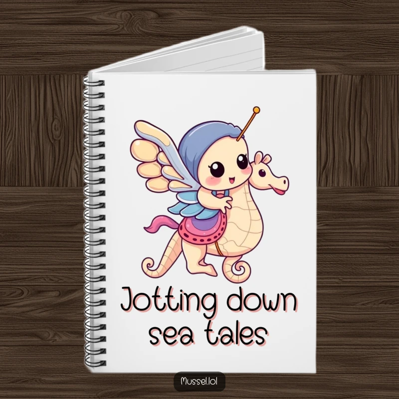 Funny Mussel Notebook: A mussel rides a seahorse like a carousel horse, perfect for jotting down notes and creative ideas.