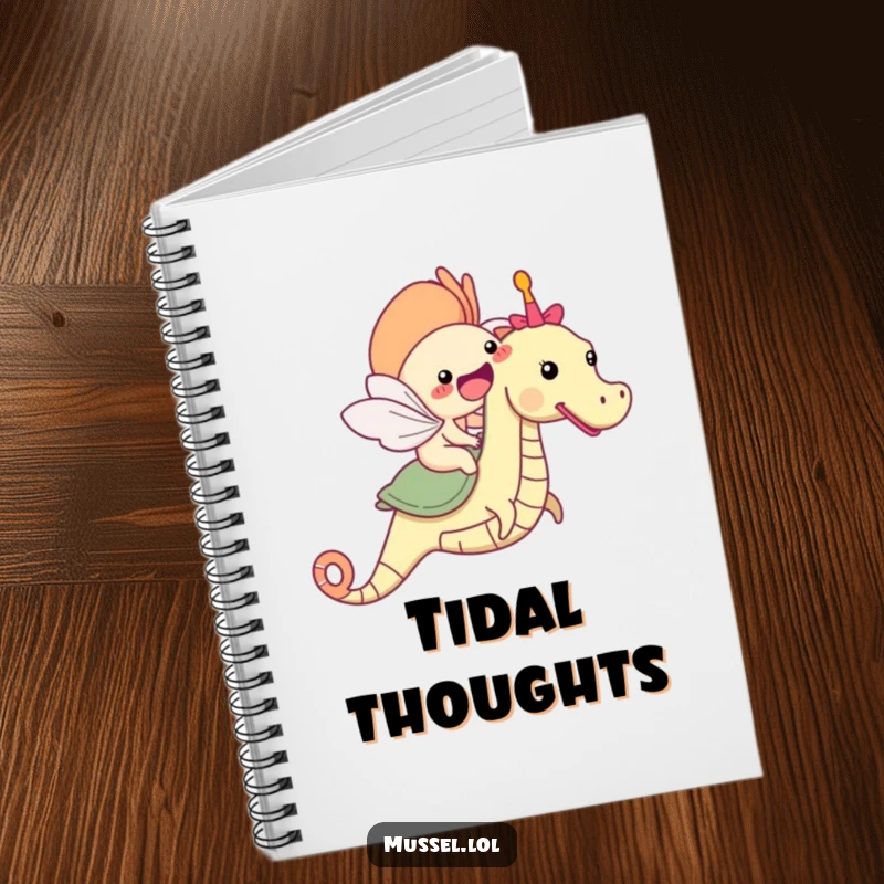 Funny mussel character riding a seahorse notebook, ready for notes and doodles.