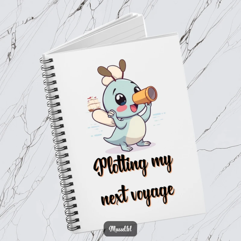 Funny Mussel Notebook: A mussel with a spyglass sits ready to record adventures, perfect for note-taking and sketching.