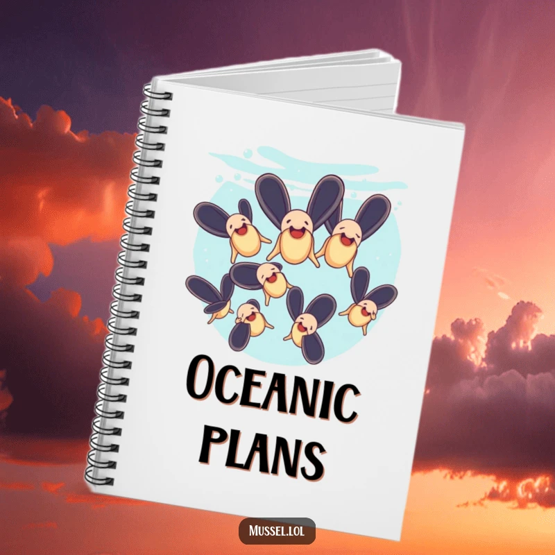 Funny notebook cover with mussels performing a synchronized swimming routine underwater, inspiring aquatic thoughts.