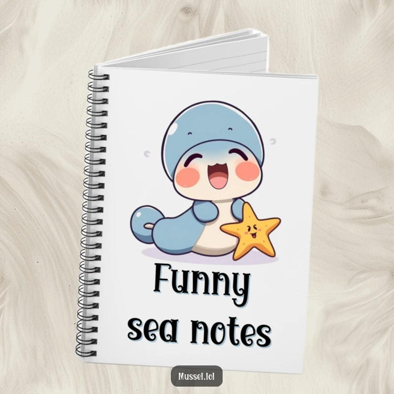 Funny mussel character and a starfish notebook, sharing a laugh, ready for notes.