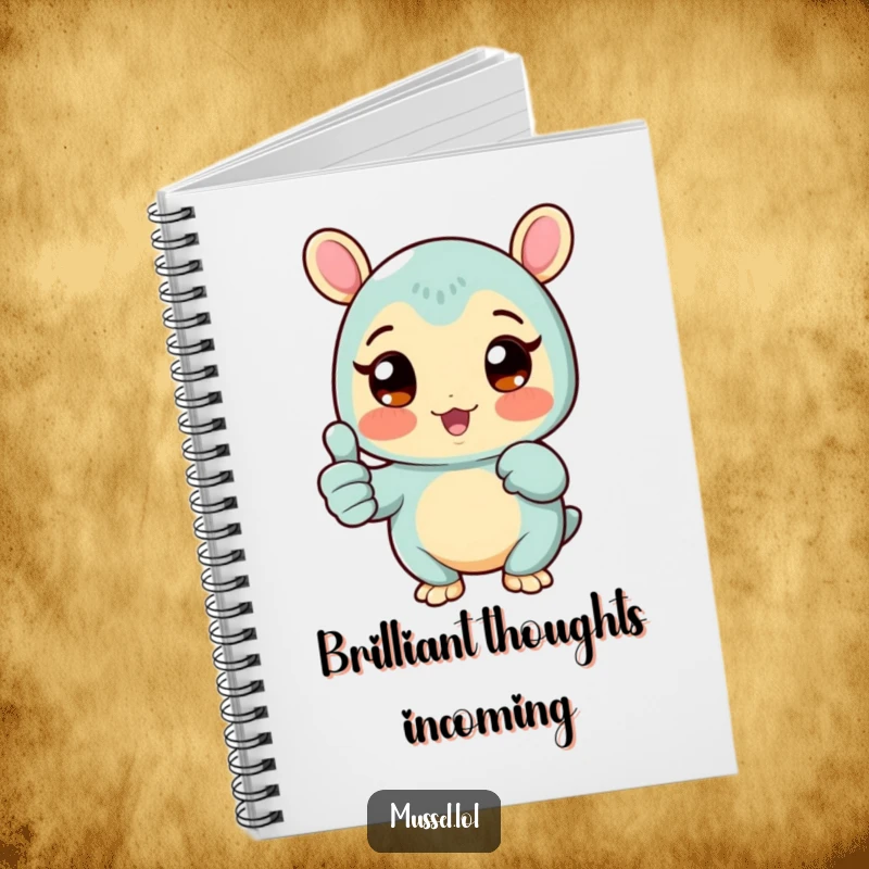 Funny Mussel Notebook with a rosy-cheeked mussel character giving a thumbs up, perfect for jotting down great ideas with enthusiasm, a perfect funny gift.