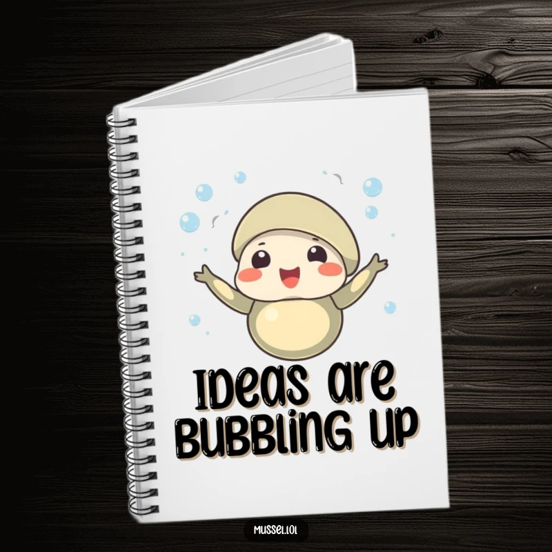 Funny notebook cover showing a celebratory mussel character with tiny bubbles rising around it, a humorous stationery item.