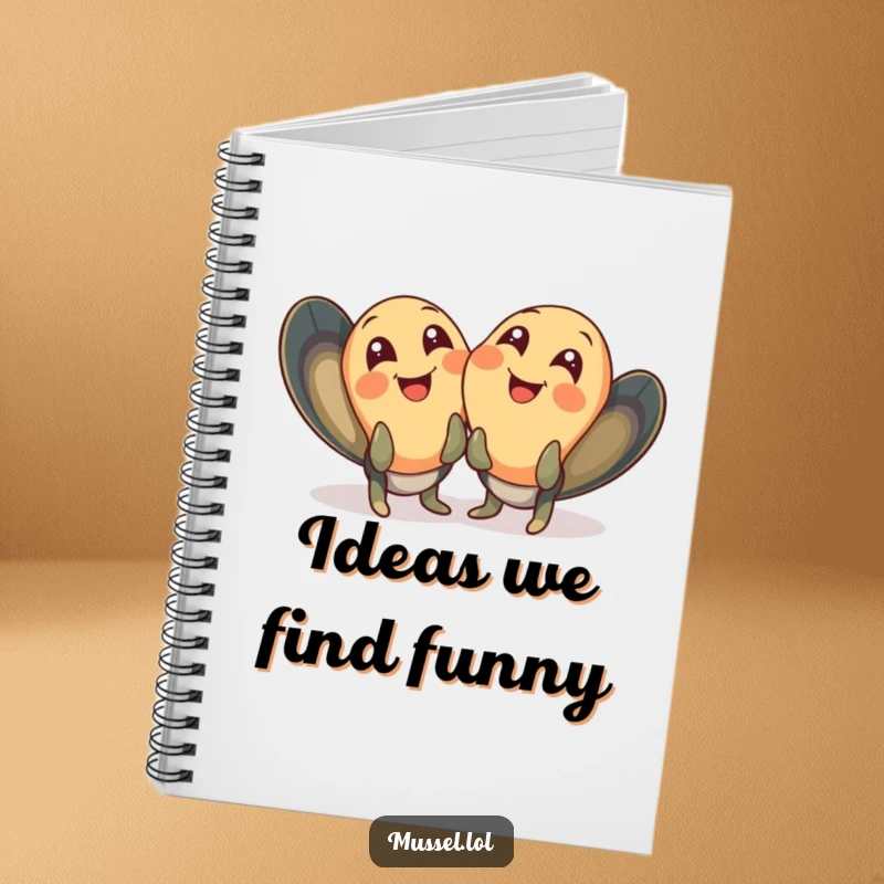 Funny mussel notebook with two mussels giggling with wide, joyful eyes, perfect for writing and humor.