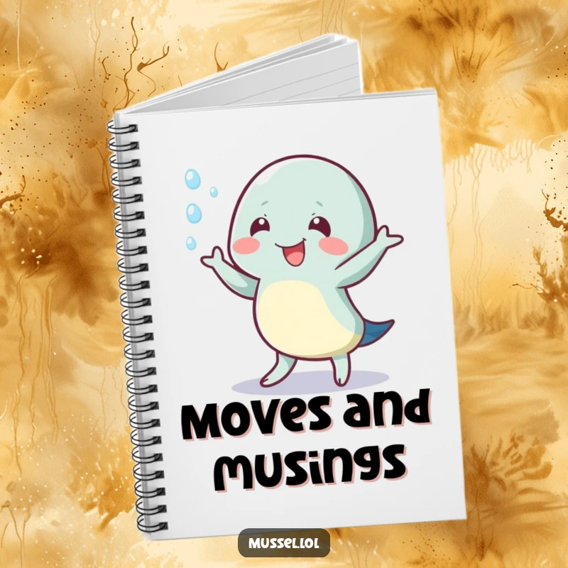 Funny notebook cover with a mussel character doing a happy wiggle dance and water droplets, great for note-taking.