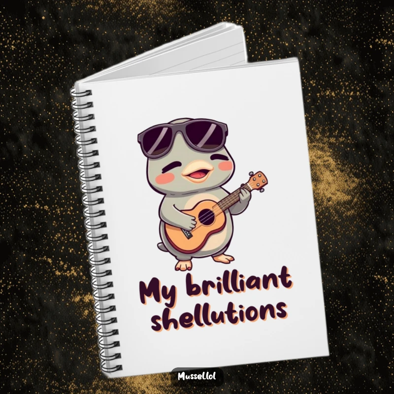 Funny Mussel Notebook: A mussel character in sunglasses plays a tiny ukulele, ideal for writing and musical inspiration.