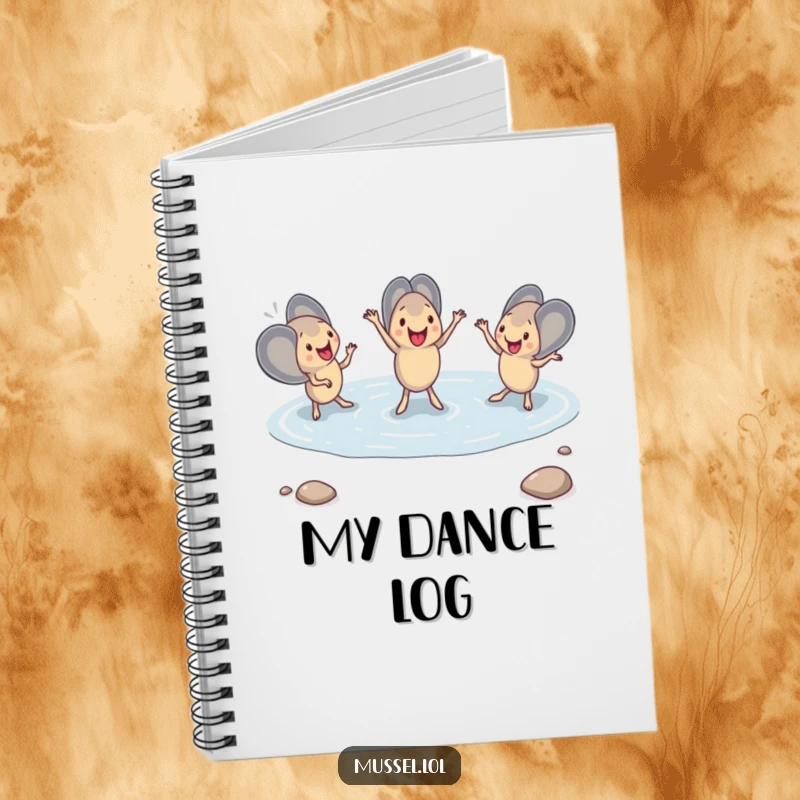 Funny Mussel Dance Notebook featuring mussels performing a synchronized dance in a tide pool, designed to inspire and amuse its owner during note-taking.