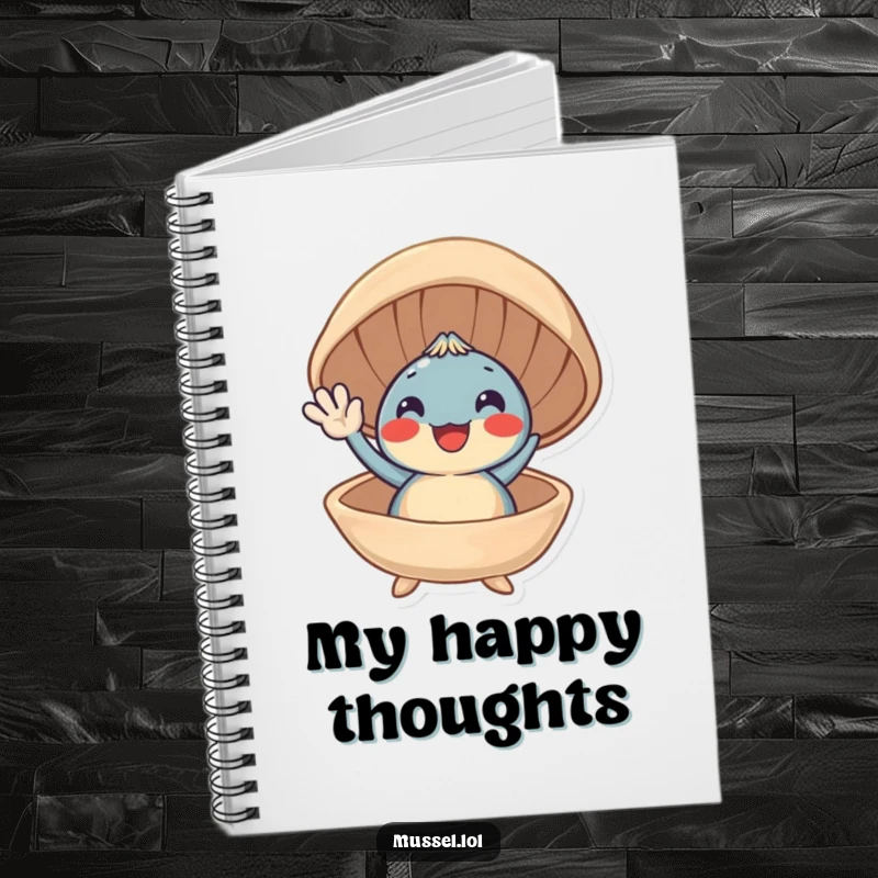 Funny notebook cover with a smiling mussel character waving from its open shell, great for jotting happy notes.