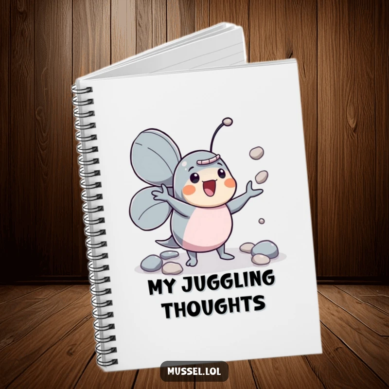 Funny mussel character juggler notebook, enthusiastically juggling pebbles, ready for notes.