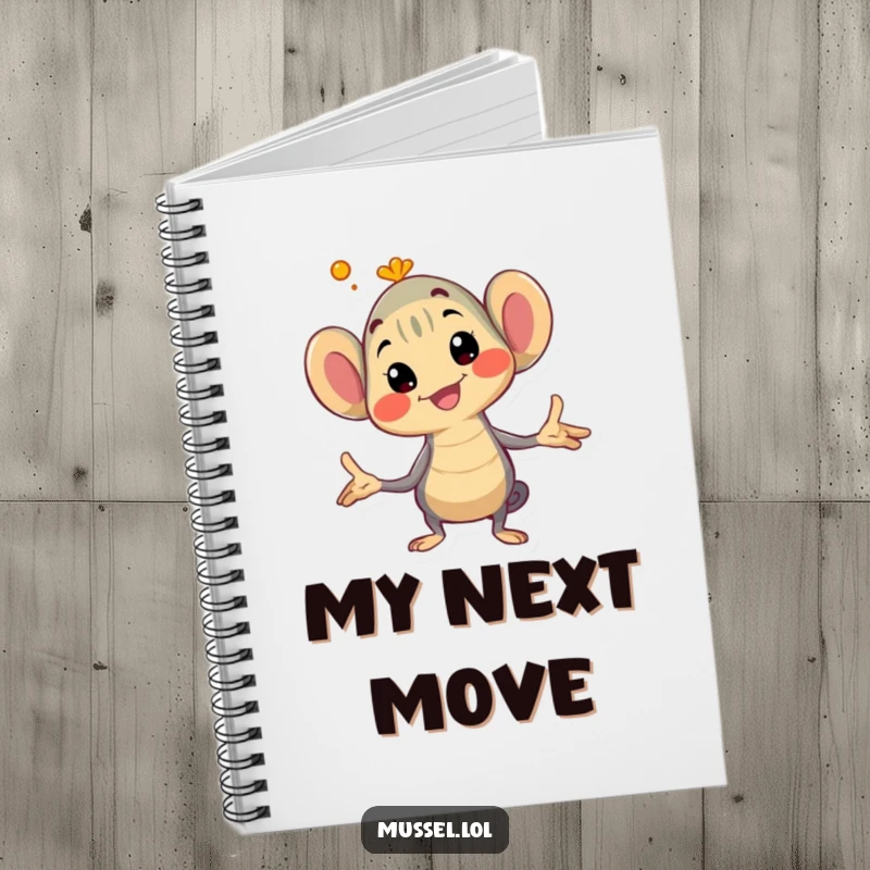 Funny mussel notebook with a character striking an exaggerated and confident pose on the cover, great for journaling.