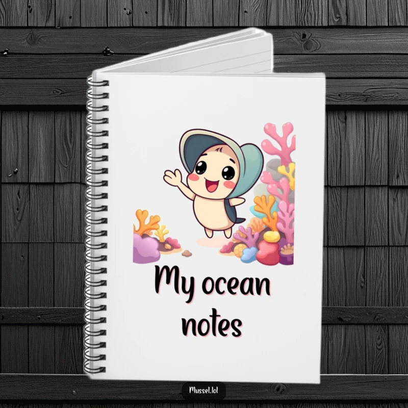 Funny notebook featuring a mussel giving a cheerful wave from a colorful coral reef, encouraging happy and positive writing.